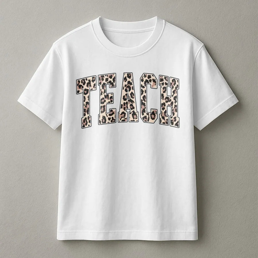 Teach T-Shirt | Leopard Print Varsity Letter Design | 100% Cotton Premium Fabric | Teacher Appreciation Gift For Educators