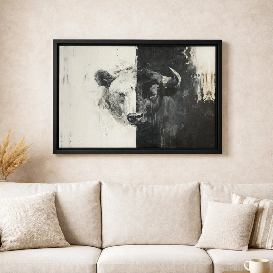 Bear and Bull Split Canvas Print | Abstract Stock Market Wall Art | Premium Gallery-Wrapped Canvas | Finance Office Decor Gift
