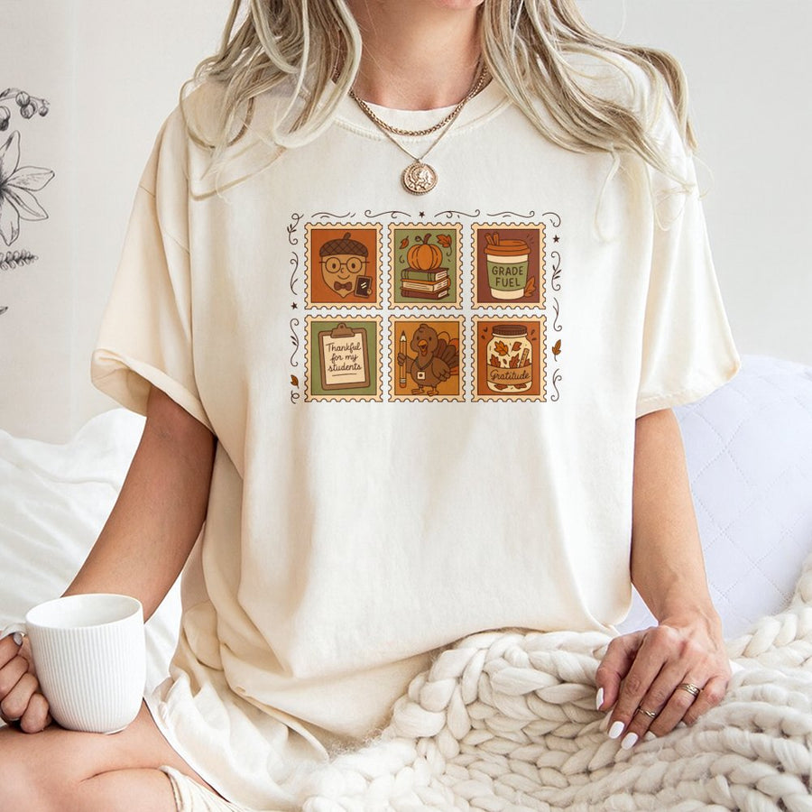Thankful Teacher T-Shirt | Thanksgiving Stamp Design | 100% Cotton Premium Tee | Cute Fall Classroom Apparel Gift for Educators