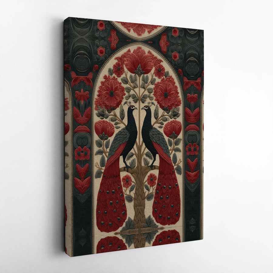 Peacock Tree of Life Canvas Art | Vintage Folk Art Floral Print | 1.25 Inch Gallery Wrap Wall Decor | Bohemian Botanical Home Gift