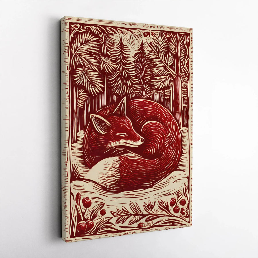Sleeping Fox Wall Art | Woodcut Style Forest Print | Premium Gallery Wrap Canvas | Rustic Nature Decor for Woodland Nursery or Home