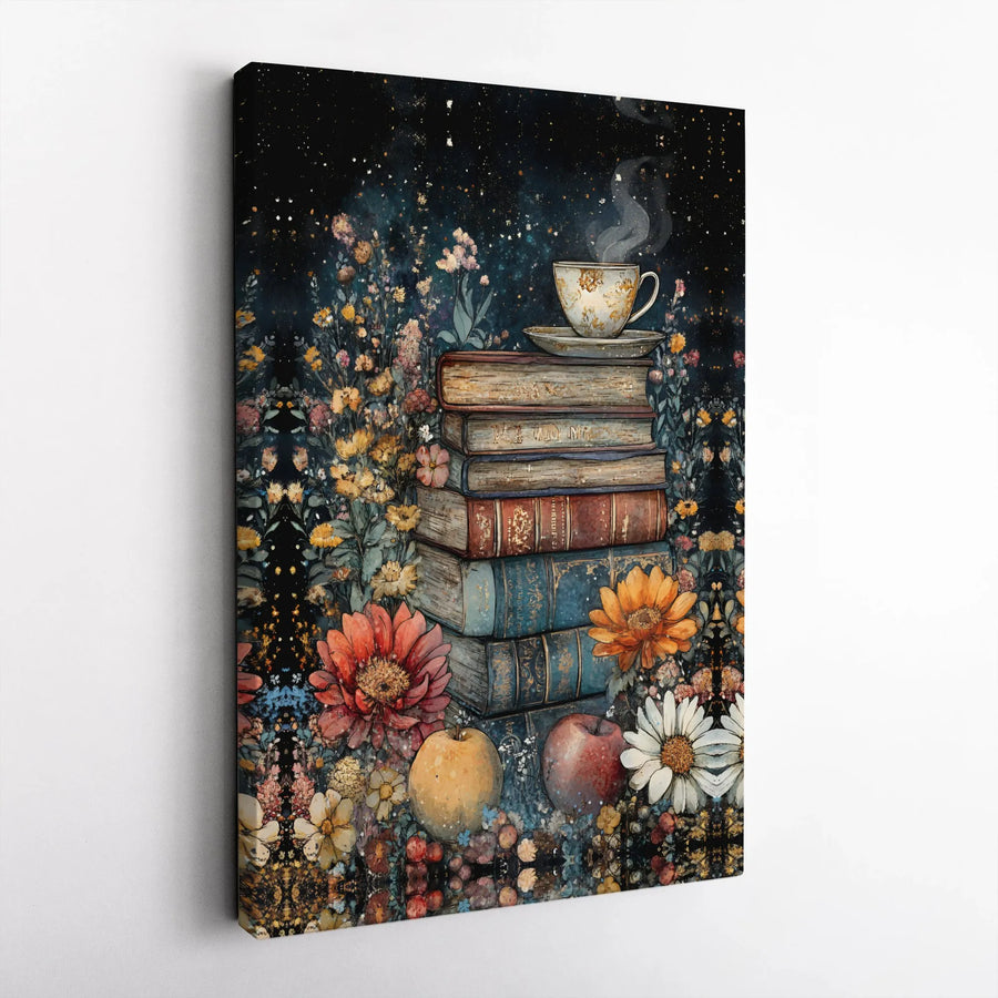 Floral Bookshelf Wall Art | Dark Academia Moody Botanical Print | Premium Canvas | Gift for Book Lover Reading Nook Decor