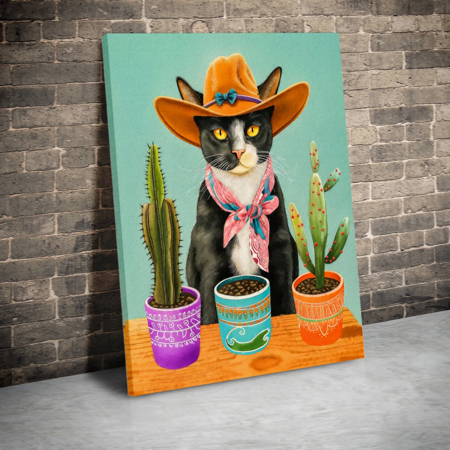 Tuxedo Cat Wall Art | Cowboy Hat And Cacti Western Print | Premium 1.25" Gallery Canvas | Quirky Animal Lover Home Decor Gift