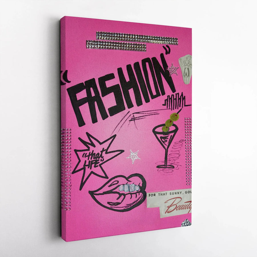 Fashion Wall Art Canvas | Pink Graffiti Collage with Martini & Rhinestones | Gallery-Quality 1.25" Profile | Chic Aesthetic Decor Gift for Her