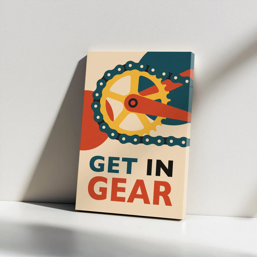 Cycling Wall Art Canvas | Get In Gear Bicycle Chain Print | Premium Gallery Wrap Decor | Motivational Sports Gift For Cyclists