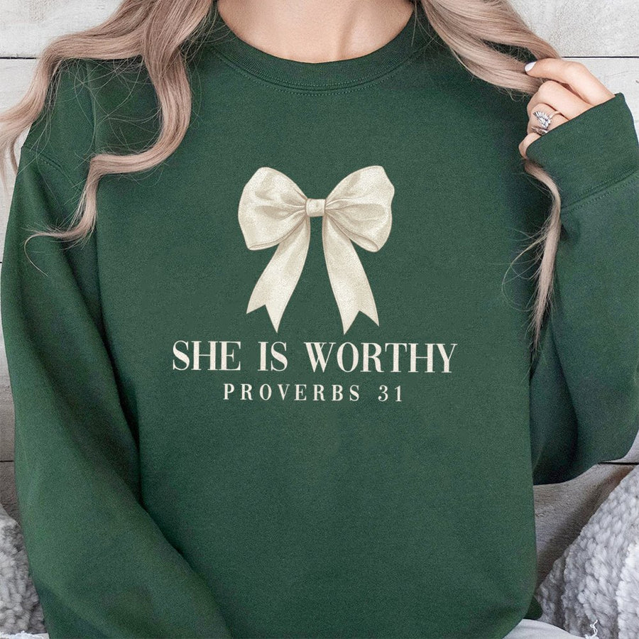 She Is Worthy Sweatshirt | Proverbs 31 Faith Bow Design | Premium Cotton Blend Crewneck | Christian Gift for Women and Coquette Aesthetic Lovers
