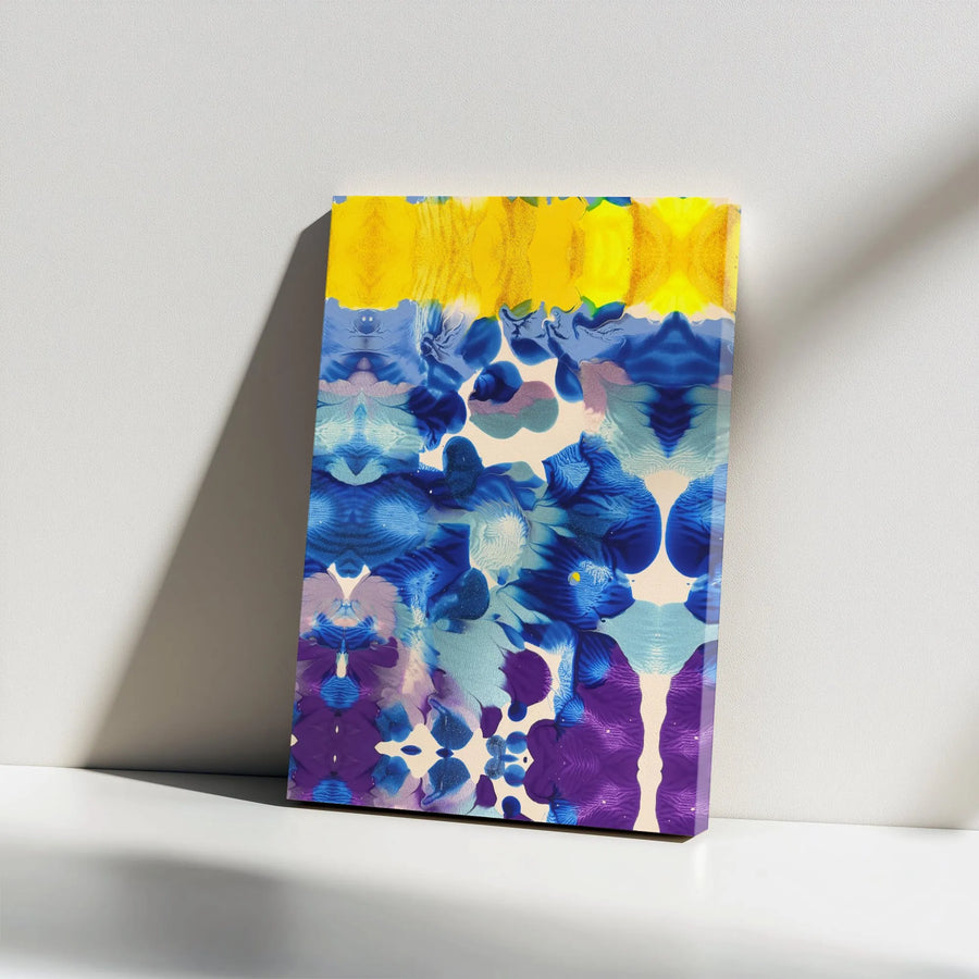 Abstract Canvas Wall Art | Symmetrical Blue Yellow Purple Fluid Painting | Premium Gallery Wrapped Decor | Modern Home Office Gift