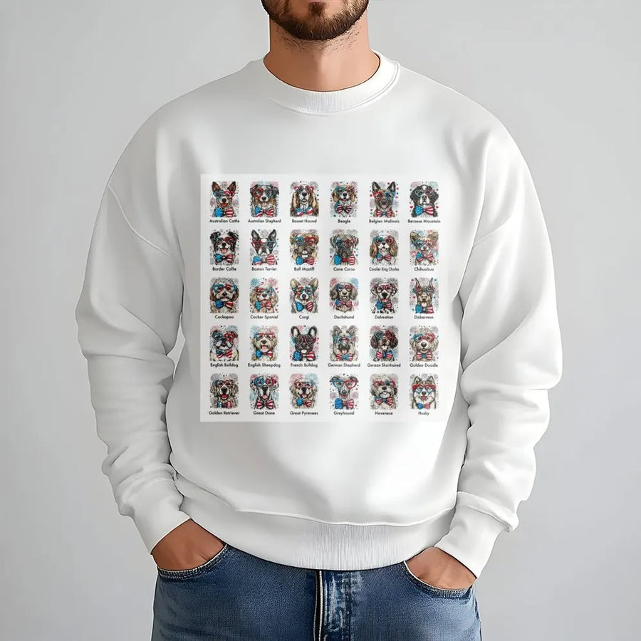 Patriotic Dog Breeds Sweatshirt | American Flag Dogs Chart Graphic | Soft Cotton Blend | Unique Gift for Dog Lovers