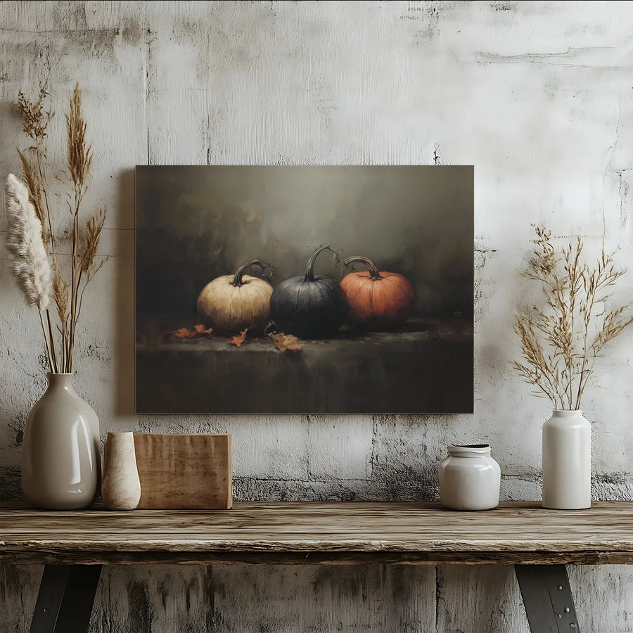 Moody Pumpkin Still Life Canvas | Rustic Autumn Harvest Fine Art | 1.25-Inch Gallery Wrap | Seasonal Fall Home Decor Gift