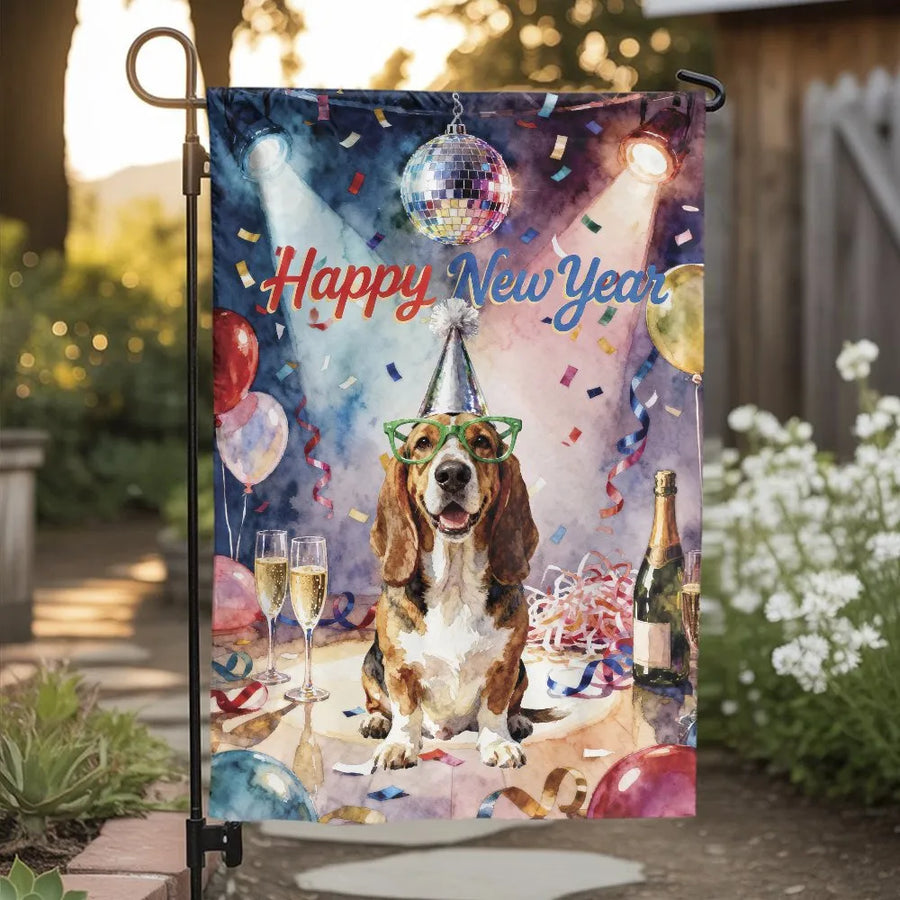 Happy New Year Basset Hound Flag | Funny Party Dog Watercolor Art | Double Sided Polyester | Outdoor Holiday Yard Decor Gift