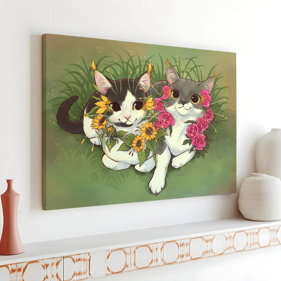 Cute Cat Canvas Wall Art | Kawaii Kittens with Sunflowers and Roses | Premium Gallery Wrapped Print | Gift for Cat Mom, Nursery Decor