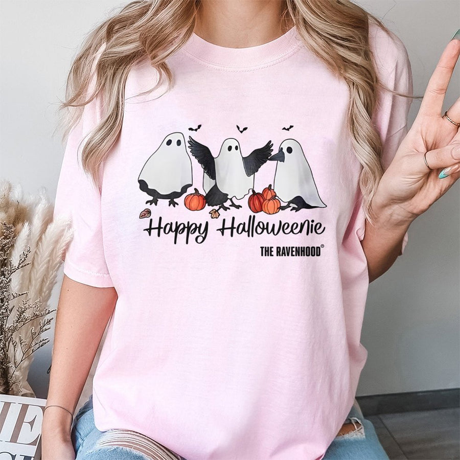 Happy Halloweenie T-Shirt | Cute Ghost Raven Design | 100% Cotton Premium Tee | Spooky Book Club Gift for Readers