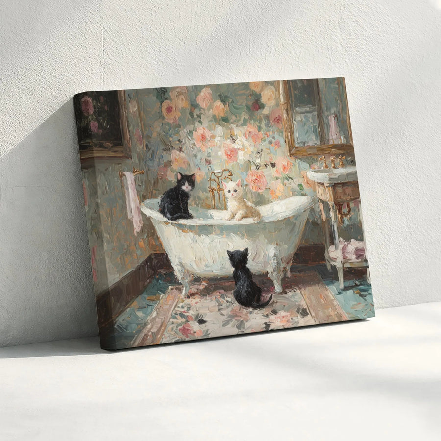 Kittens In Clawfoot Bathtub Canvas Art | Vintage Impressionist Bathroom Wall Decor | 1.25-Inch Gallery Wrap | Whimsical Animal Lover Gift