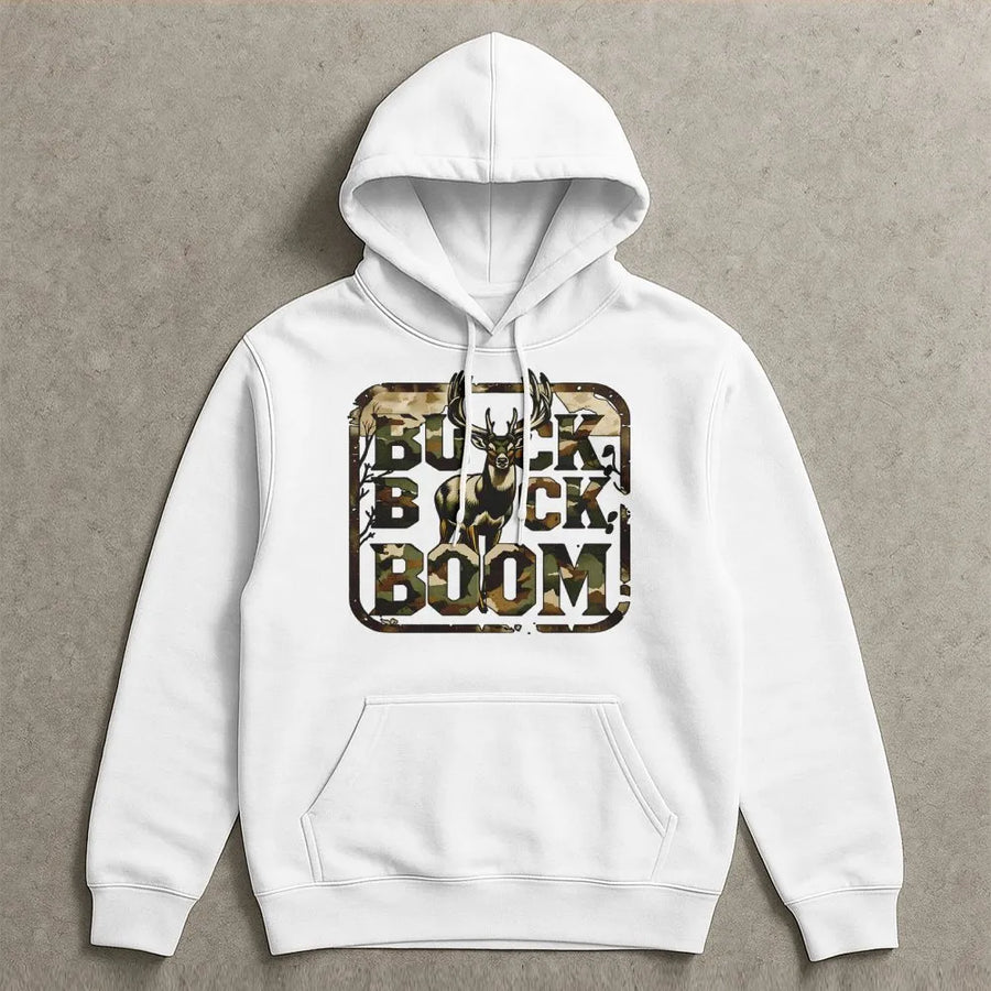 Buck Boom Hunting Hoodie | Camo Deer Antler Graphic Design | Premium Cotton Blend | Gift For Deer Hunter Outdoorsman