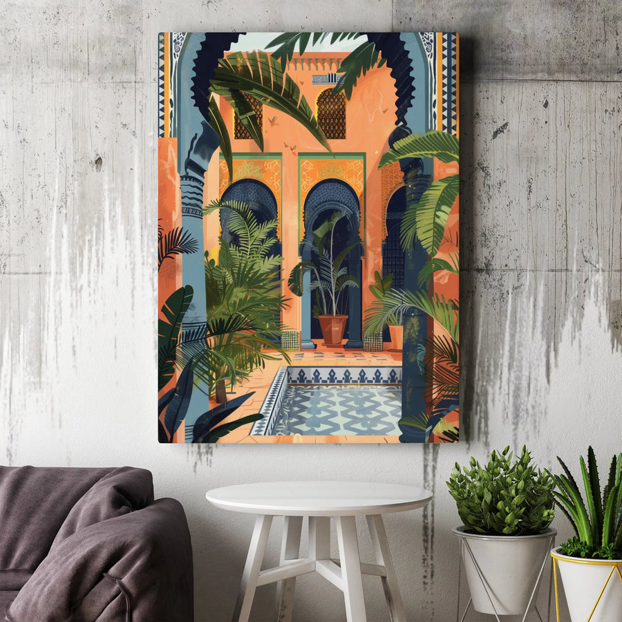 Moroccan Riad Canvas Wall Art | Tropical Courtyard Oasis Illustration | Premium Gallery Wrapped Decor | Bohemian Home Interior Gift