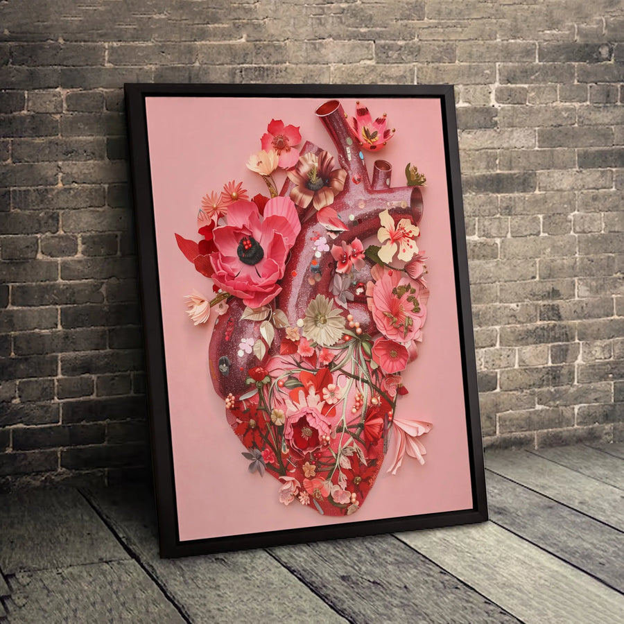 Anatomical Heart Wall Art | Floral Papercraft Heart Print | Premium Gallery Wrapped Canvas | Botanical Aesthetic Decor for Home Gift