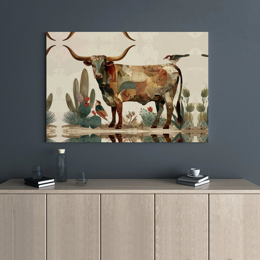 Texas Longhorn Canvas Wall Art | Southwestern Desert Collage Print | Premium Gallery Wrap Decor | Farmhouse Aesthetic Gift for Home