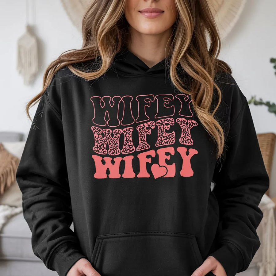 Wifey Hoodie | Retro Leopard Print Graphic | Cotton-Polyester Blend | Trendy Bridal Shower or Honeymoon Gift for Newlywed Women