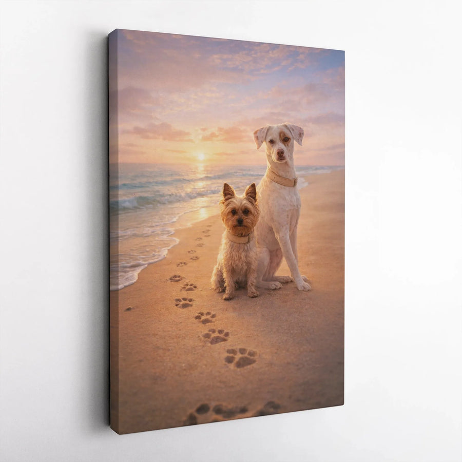 Dogs on Beach Canvas Wall Art | Sunset Scene with Paw Prints in the Sand | Premium Stretched Canvas | Gift for Dog Lovers & Pet Owners
