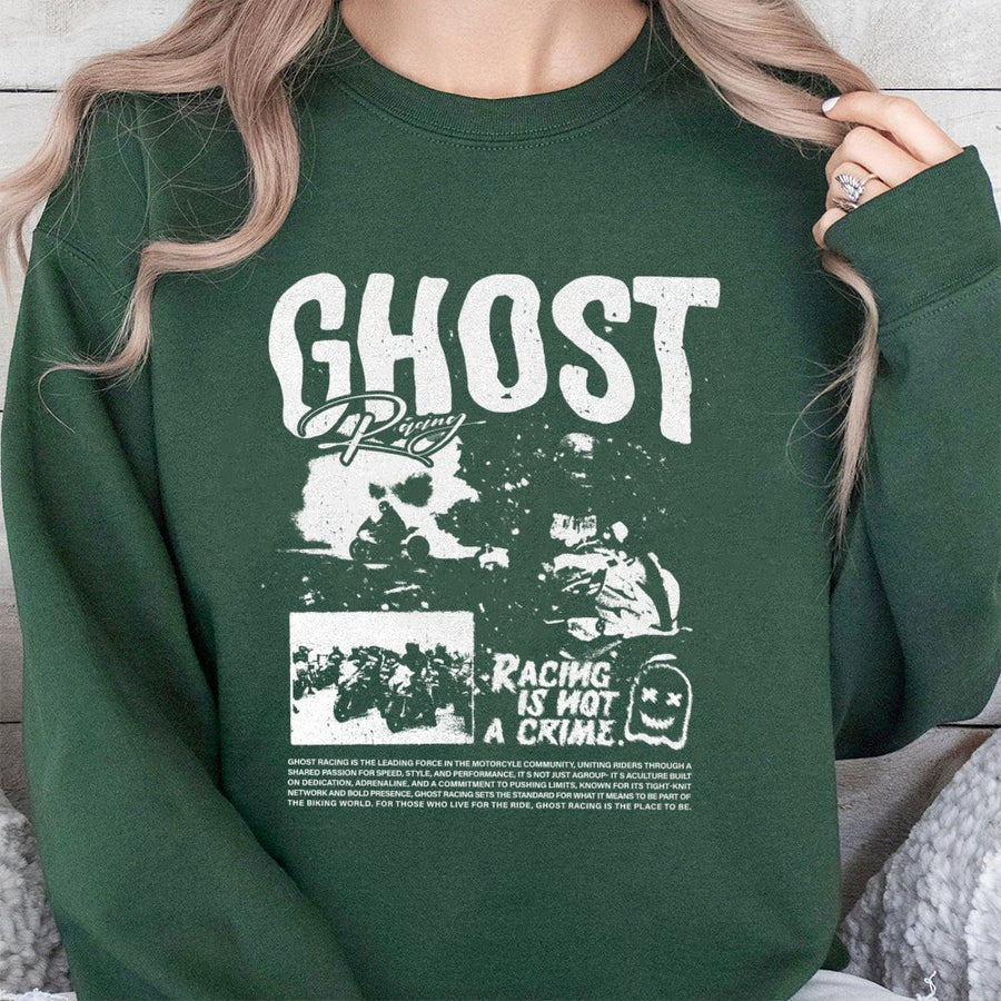 Ghost Racing Sweatshirt | Racing Is Not A Crime Biker Graphic | Premium Cotton Blend | Streetwear Moto Gift For Motorcycle Riders