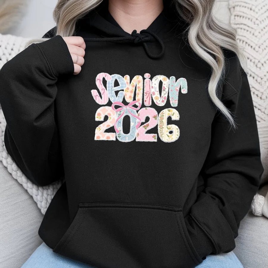 Senior 2026 Hoodie | Floral Patchwork Style Bow Graphic | Premium Comfort Colors Tee | Cute Graduation Gift for High School Senior