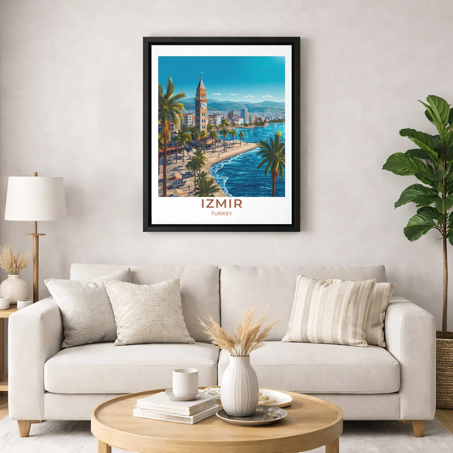 Izmir Travel Poster | Vintage Style Clock Tower Seaside Art | Premium 1.25-Inch Gallery Canvas | Turkish Cityscape Gift for Travelers