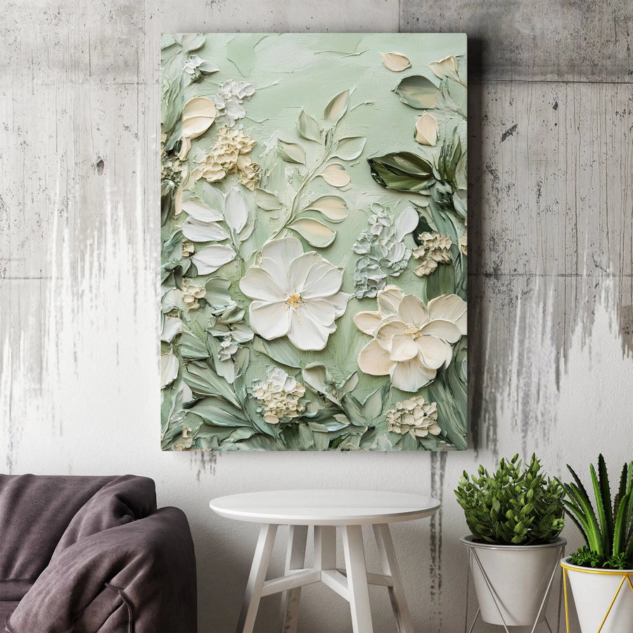 Sage Green Floral Wall Art | 3D Textured Impasto Flower Canvas | Gallery Quality Premium Print | Botanical Home Decor Gift for Her
