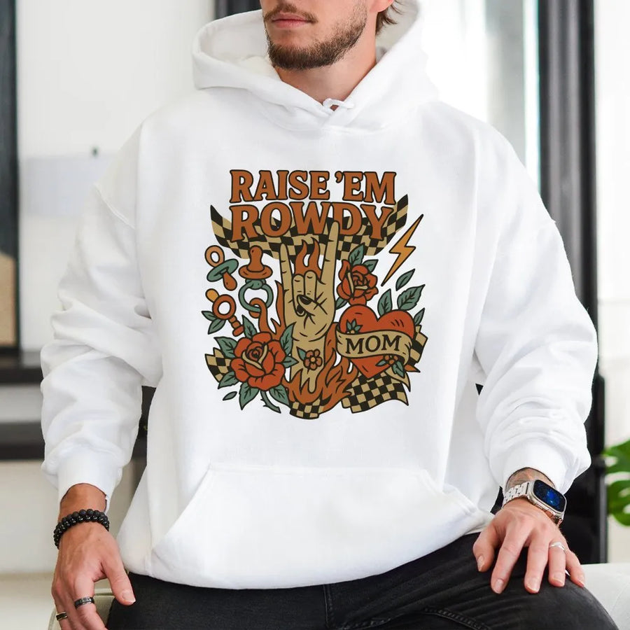 Raise Em Rowdy Hoodie | Vintage Tattoo Art Graphic | Soft Cotton Blend | Funny Mothers Day Gift for Cool Mom