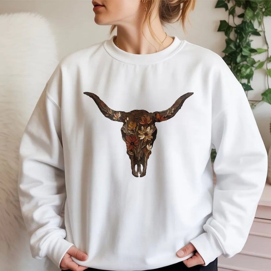Western Cow Skull Sweatshirt | Brushstroke Floral Art Graphic | Soft Cotton Blend Unisex Top | Western Aesthetic Gift for Cowboy or Cowgirl