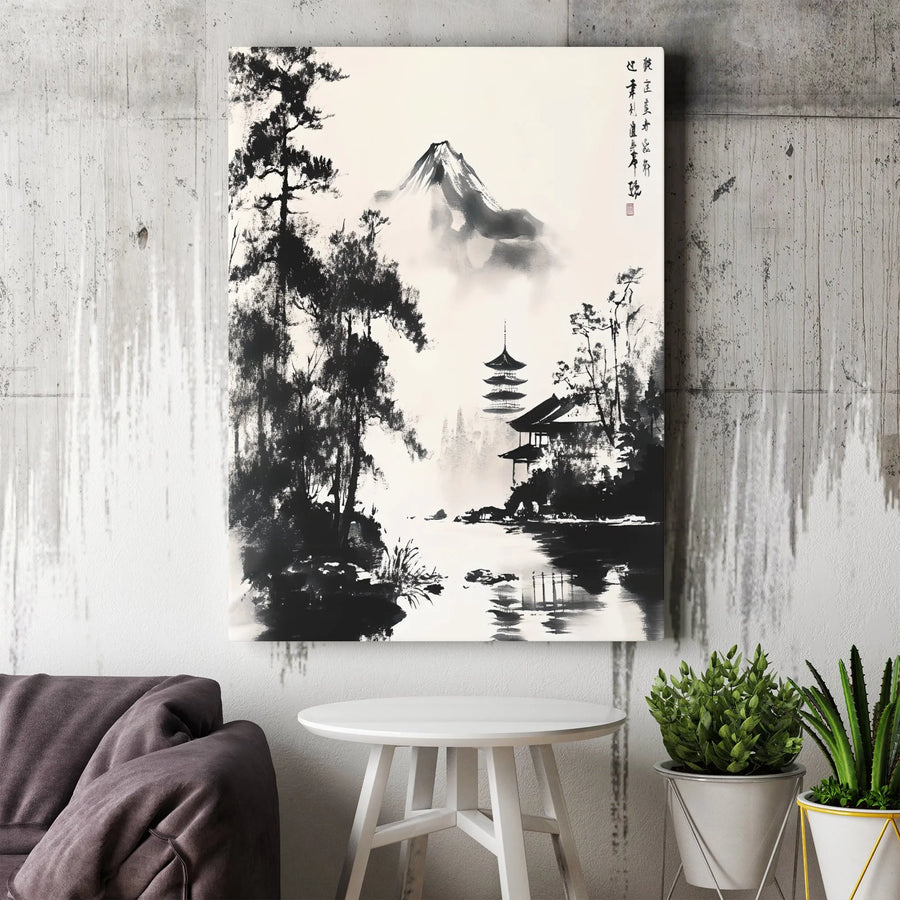 Japanese Ink Wash Painting Vertical Canvas | Sumi-e Mountain and Pagoda Art | Premium Gallery Wrapped Print | Zen Home Decor Gift for Living Room