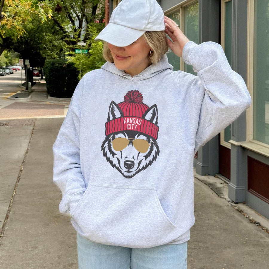 Kansas City Football Hoodie | Cool Wolf Mascot In Beanie | Cotton-Poly Blend Sweatshirt | Game Day Gift For Football Fans