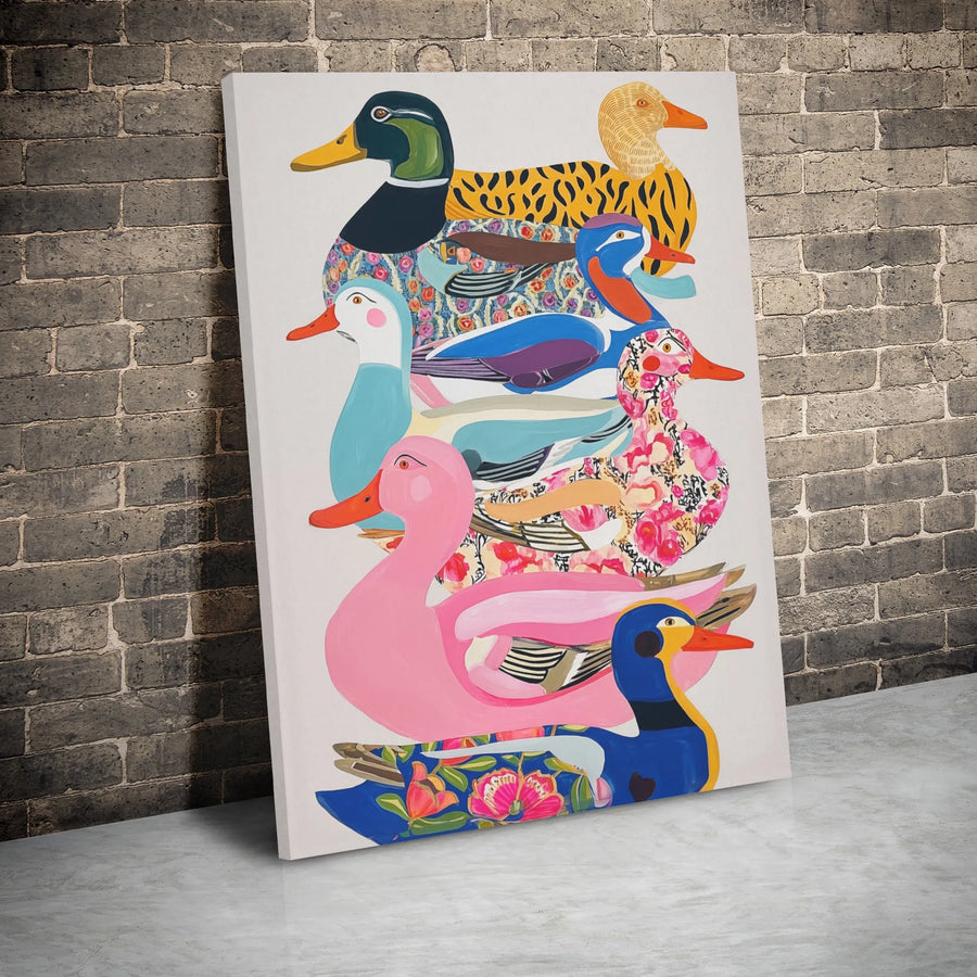Stacked Ducks Wall Art | Colorful Floral Animal Print Canvas | Premium Gallery Wrap Decor | Quirky Farmhouse Nature Gift