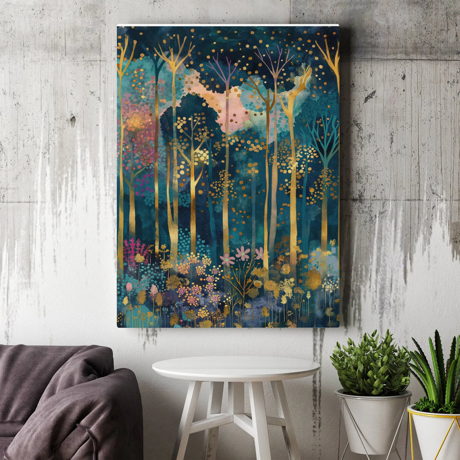 Abstract Enchanted Forest Canvas Art | Teal and Gold Woodland Wall Decor | Premium Gallery-Wrapped Print | Elegant Nature-Inspired Gift