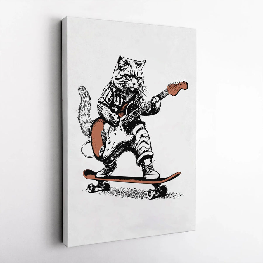 Skating Cat Playing Electric Guitar Canvas | Whimsical Music Animal Art | Premium Fade-Resistant Print | Fun Gift for Guitarists & Musicians