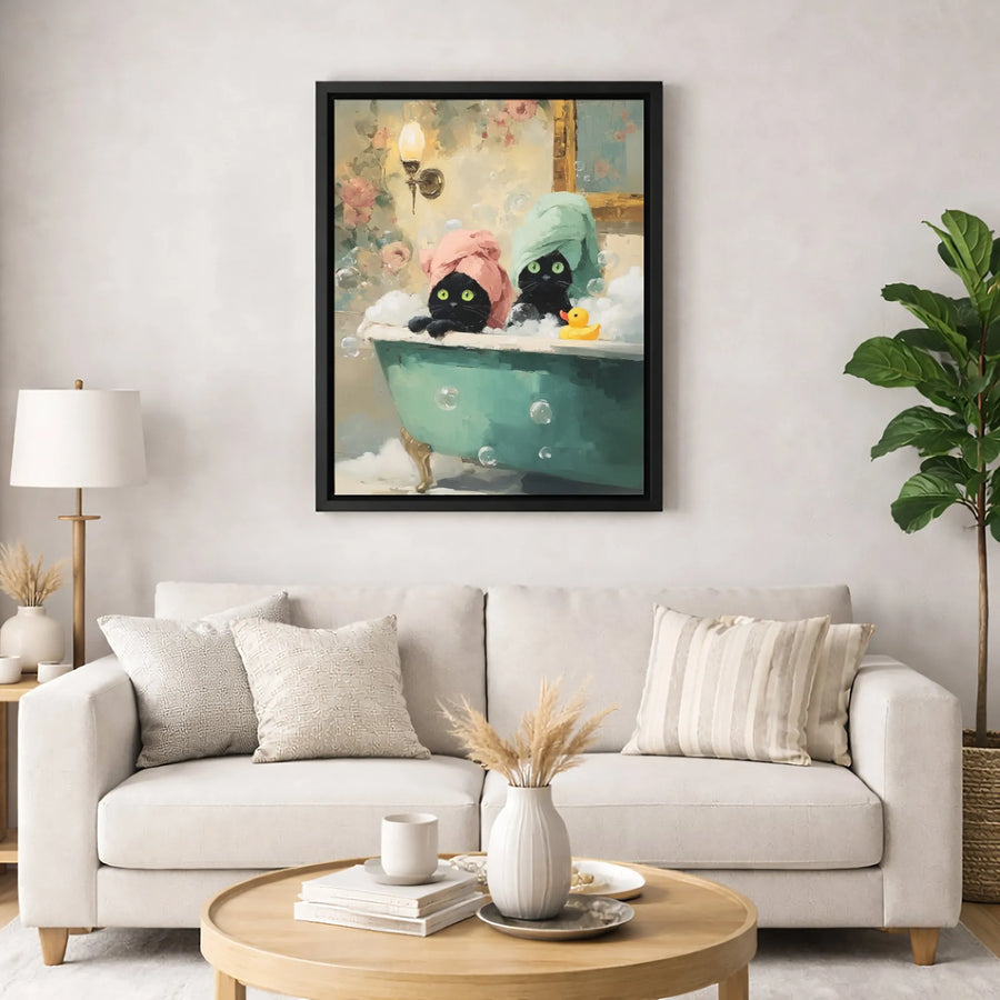 Black Cat Bathtub Wall Art | Whimsical Oil Painting Print | Premium Gallery Wrapped Canvas | Funny Bathroom Decor for Cat Lovers