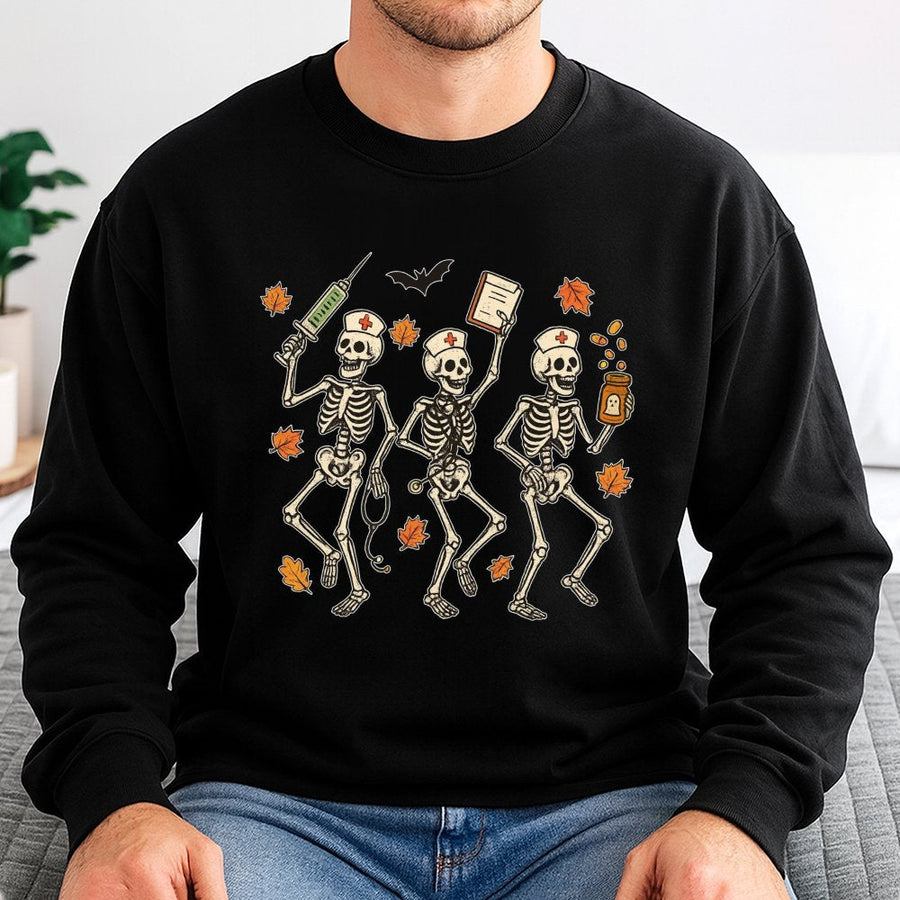 Halloween Nurse Skeleton Sweatshirt | Spooky Fall Medical Design | Premium Cotton Blend | Gift for Registered Nurses and Nursing Students