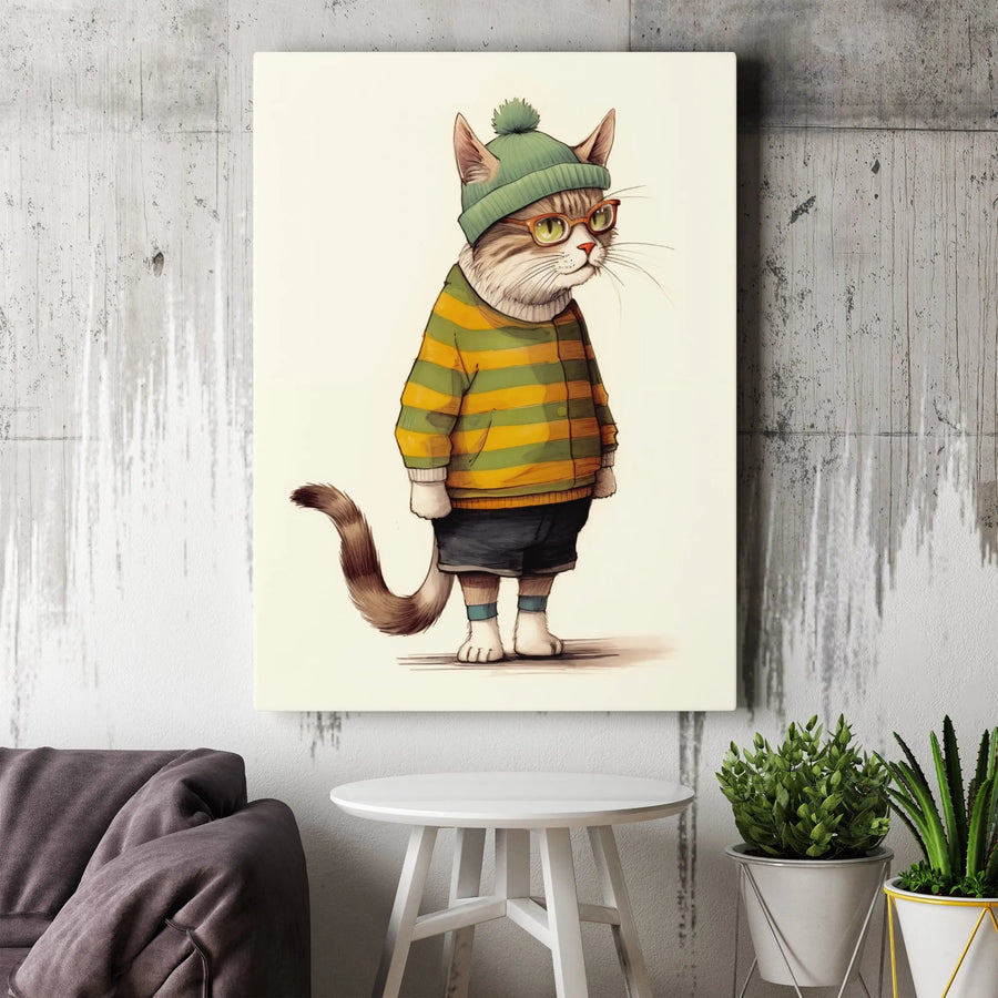 Hipster Cat Vertical Canvas | Illustrated Kitty in Beanie & Glasses Art | Premium Gallery Wrap Print | Modern Nursery Decor Gift for Cat Lover