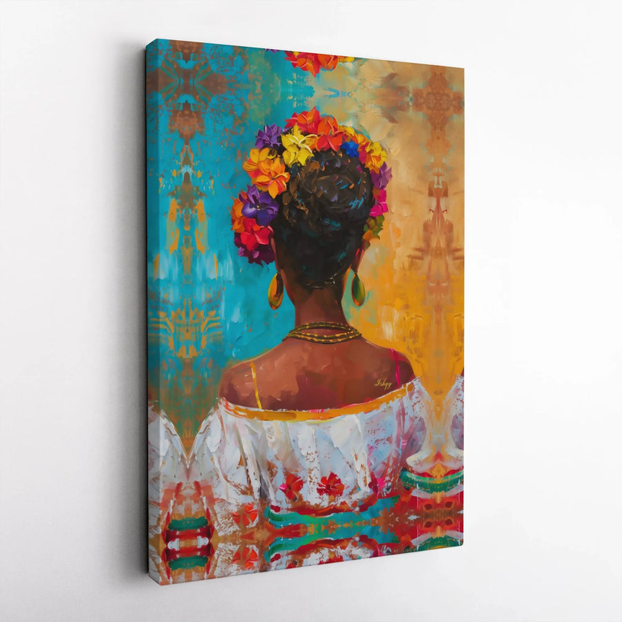 Black Woman Art Canvas Print | Vibrant Floral Crown Abstract Portrait | Premium Gallery Wrapped Canvas | Living Room Decor Gift