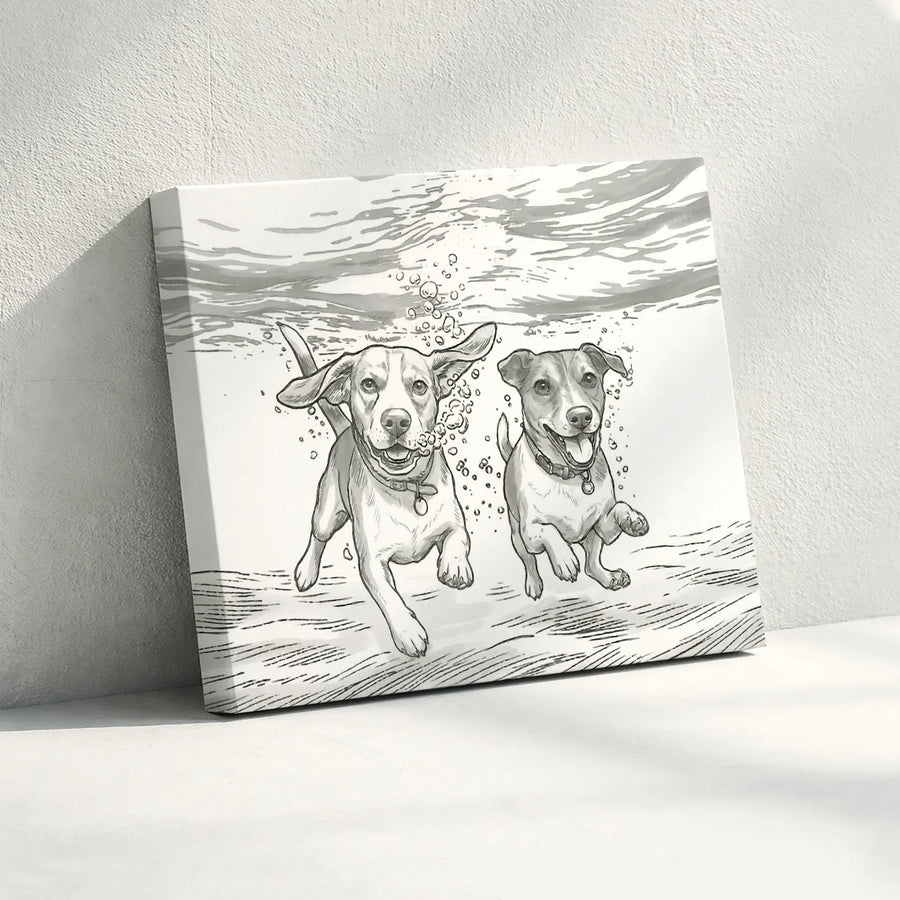Underwater Dogs Canvas Wall Art | Black and White Sketch Illustration | Premium Gallery-Quality Canvas | Gift for Dog Lover