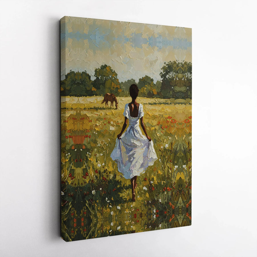 Black Woman Art Canvas Print | Textured Pastoral Scene with Horse | Premium Gallery Wrapped Wall Art | Modern Farmhouse Decor Gift for Her