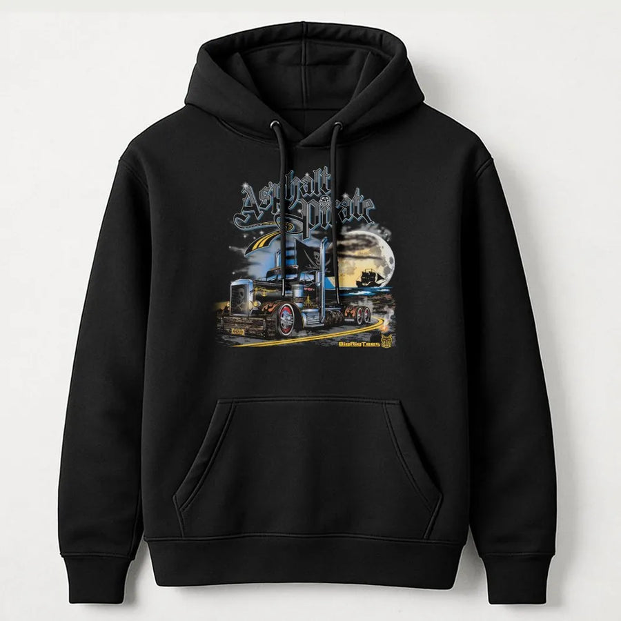 Asphalt Pirate Trucker Hoodie | Retro Big Rig Graphic Crewneck | Plush Cotton Blend | Unique Gift for Truck Drivers & Semi Fans