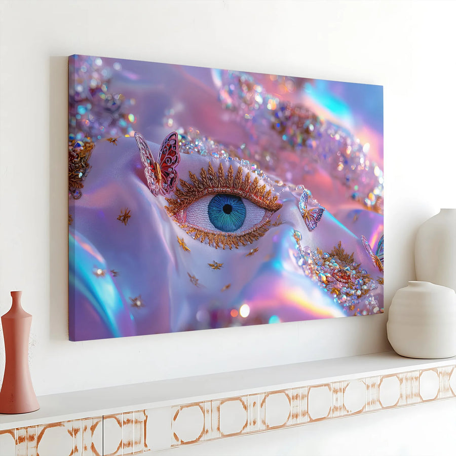 Surreal Blue Eye Canvas Wall Art | Iridescent Butterfly and Crystal Detail | Premium Gallery Wrapped Decor | Whimsical Aesthetic Home Decor