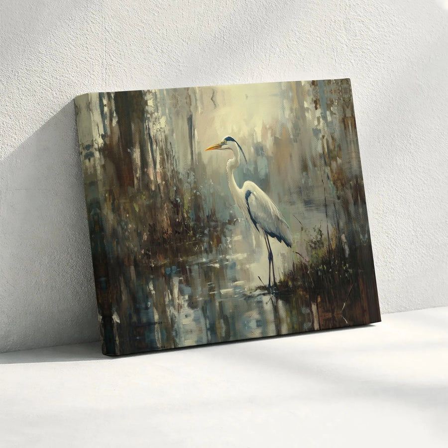 Great Blue Heron Canvas Wall Art | Impressionist Swamp Bird Painting | Premium Thick Stretched Canvas | Collector's Gift for Nature Lovers