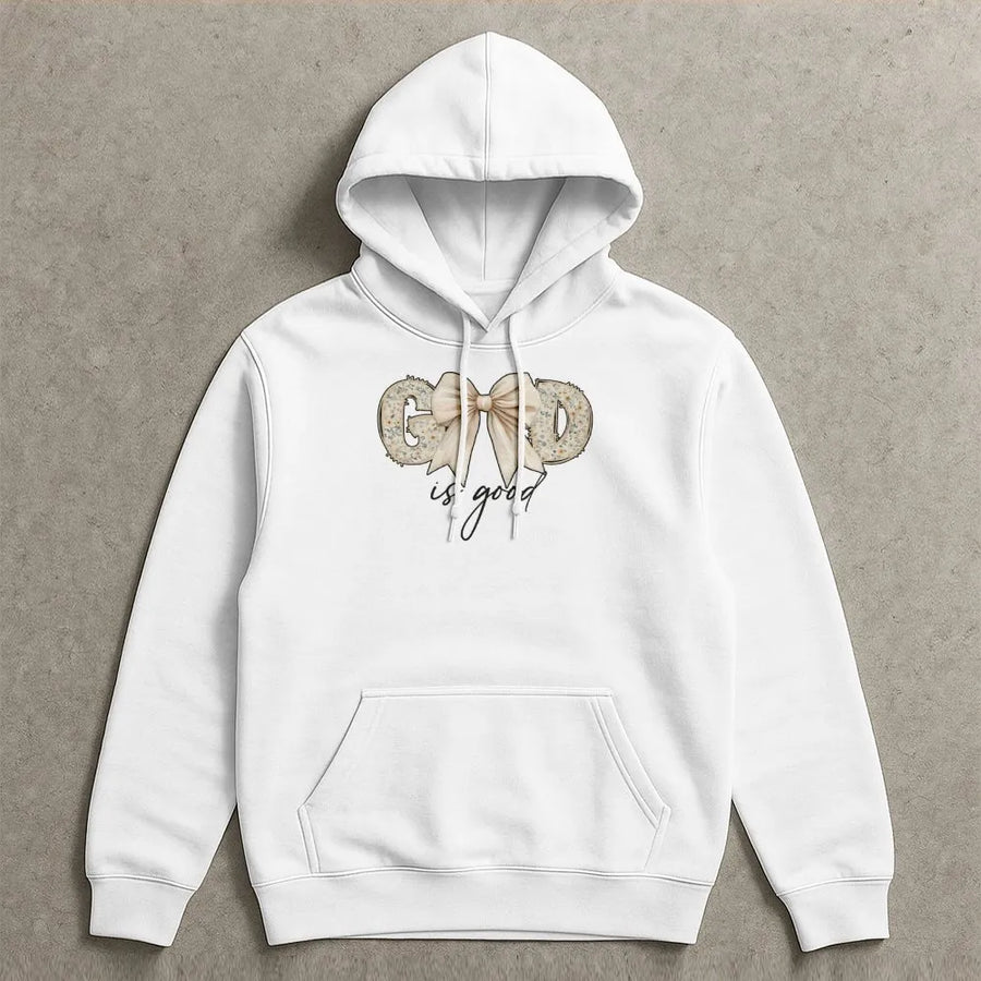 God Is Good Hoodie | Floral Lettering With Elegant Bow Graphic | Premium Soft Cotton Blend | Faith Based Christian Gift For Women & Teens