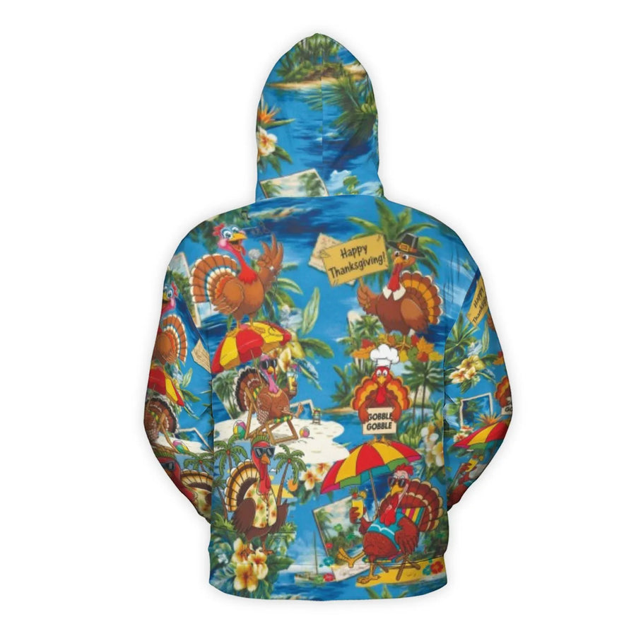 Thanksgiving Tropical Turkey Hoodie | Funny Hawaiian Beach Theme All-Over Print | Premium Brushed Fleece Pullover | Unique Holiday Gift for Men Women