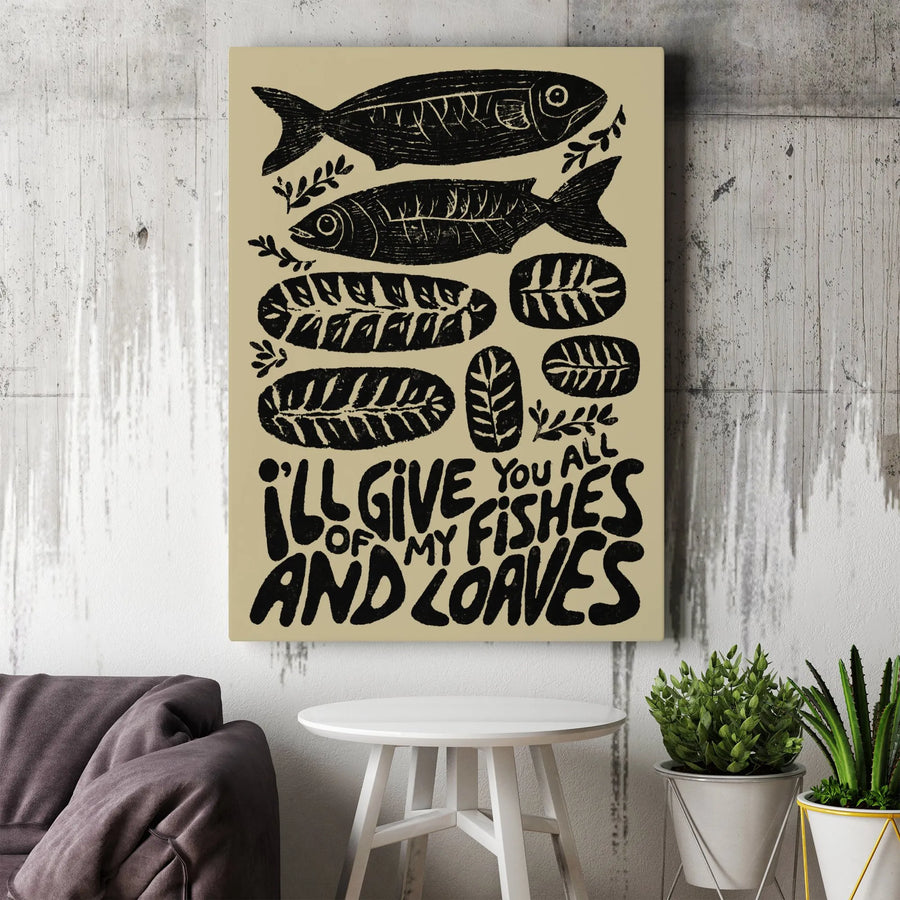 Christian Wall Art Canvas Print | Fishes and Loaves Linocut Style Print | Premium Gallery-Wrapped Canvas | Inspirational Gift for Christians