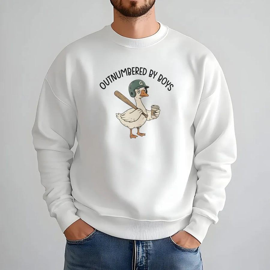 Outnumbered By Boys Sweatshirt | Funny Goose Baseball Graphic | Soft Unisex Crewneck | Unique Gift for Sports Mom, Boy Mom Life Apparel