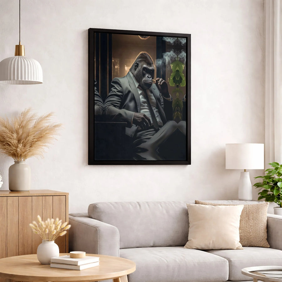 Gorilla Wall Art Canvas | Sophisticated Gorilla in Suit Smoking Cigar | Premium Gallery Wrap Print | Masculine Home Office Decor Gift