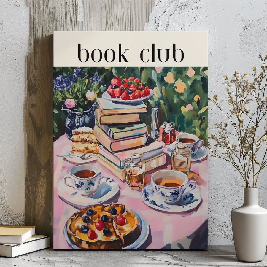 Book Club Canvas Wall Art | Impressionist Tea Party with Books and Cake | Premium Gallery-Wrapped Print | Aesthetic Decor Gift for Readers
