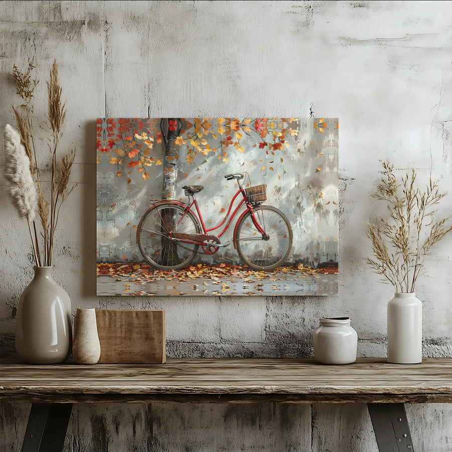 Vintage Red Bicycle Canvas Wall Art | Impressionist Autumn Leaves Scene | Premium Fade-Resistant Print | Nostalgic Home Decor Gift for Cyclists